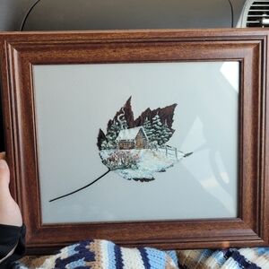 Christmas Snowy Cabin Painted On A Leaf Profesional Framed. Beautiful hand paint